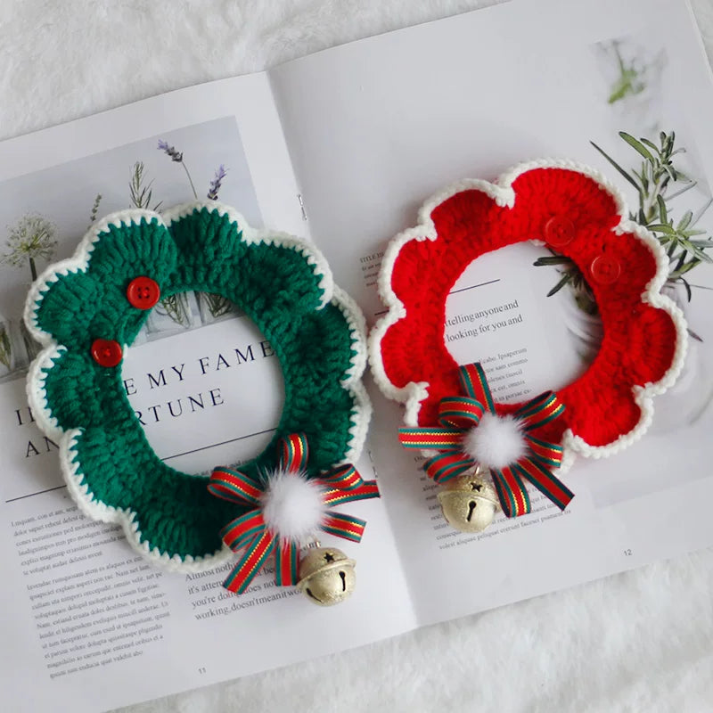 Red and green crocheted wreath collars side by side