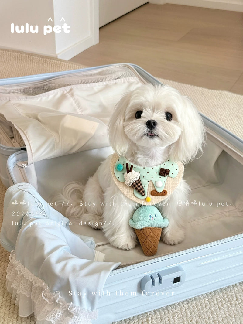 Maltese in a suitcase wearing the Mint Ice Cream bib