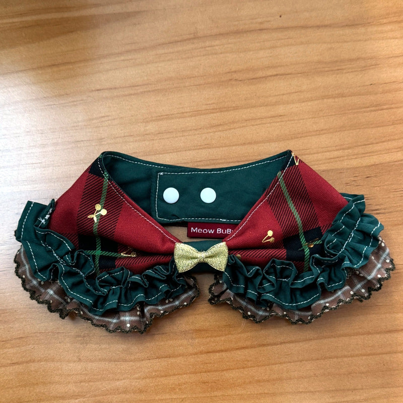 Holiday Tartan Ruffle Petal Collar with gold bow and snap closure
