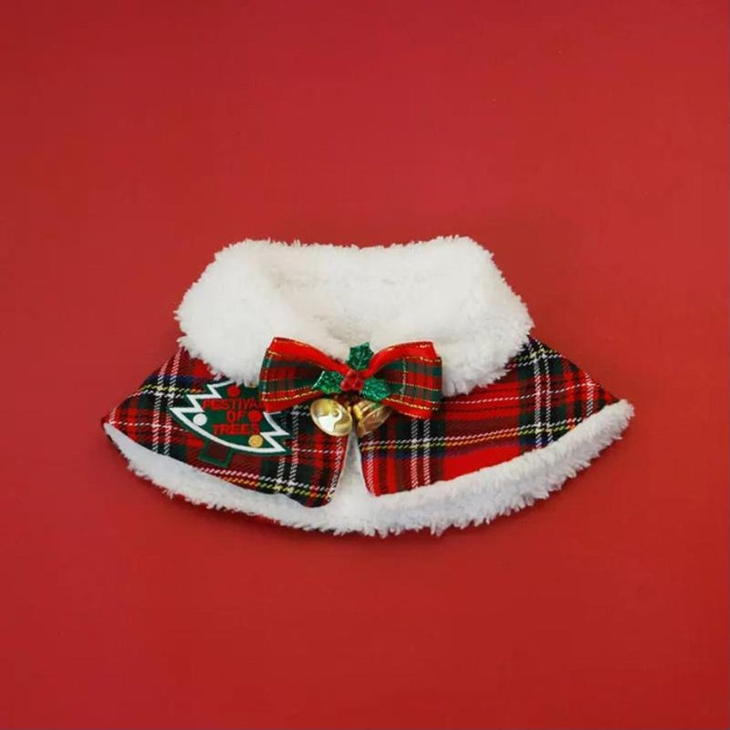 Plaid holiday cape with white faux-fur collar, holly bow and gold bells, red leaf style
