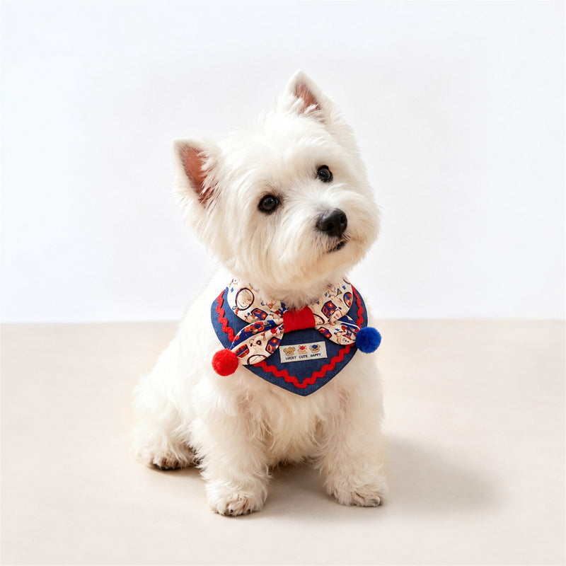 AI-cleaned product photo: Westie wearing the Circus Bear big bow bib