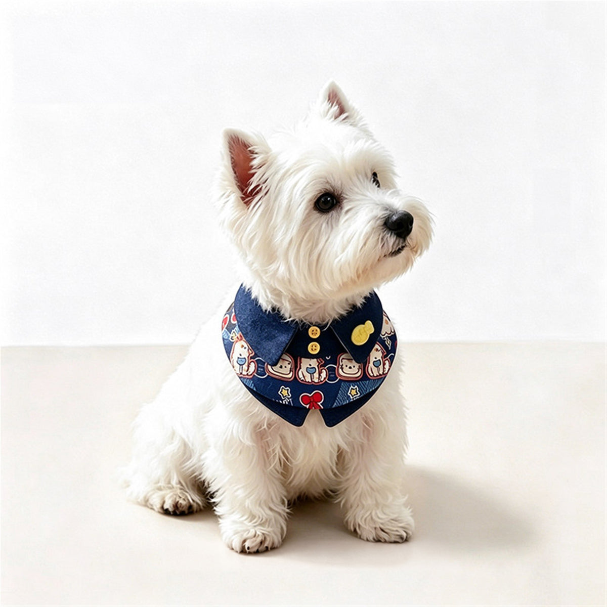 AI-cleaned product photo: Westie wearing the Kitten & Fish big bow bib