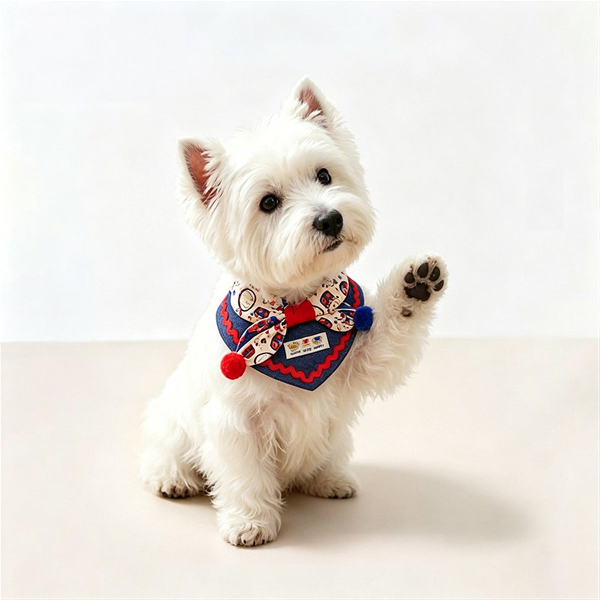 AI-cleaned product photo: Westie raising a paw in the Circus Bear big bow bib