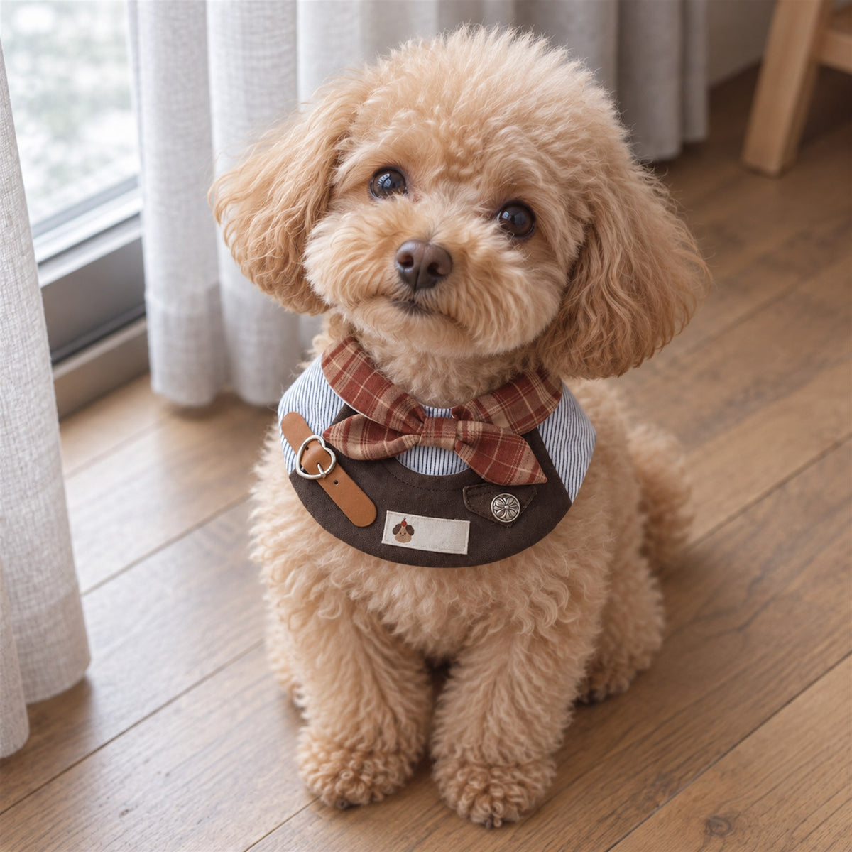 AI-generated preview: apricot poodle wearing the Caramel Plaid bib by the window