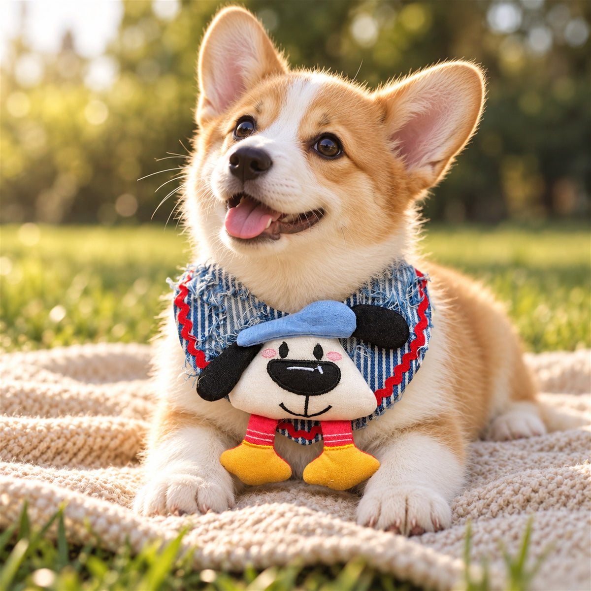 AI-generated preview: corgi puppy wearing the Denim Pup bib on a picnic blanket
