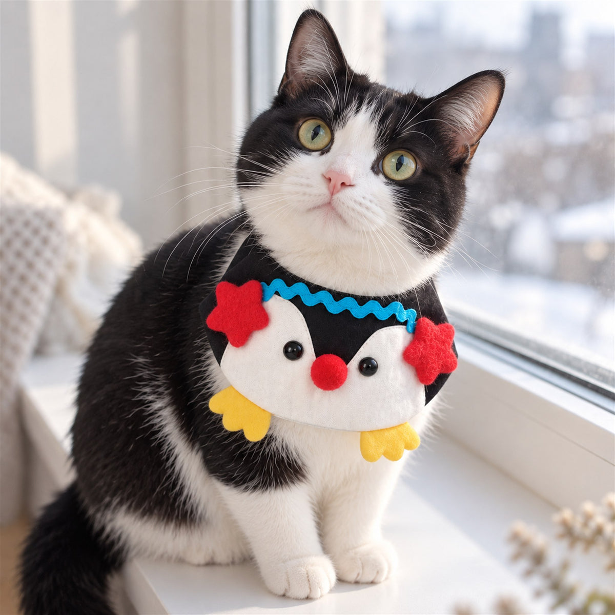 AI-generated preview: tuxedo cat wearing the Little Penguin bib on a winter windowsill