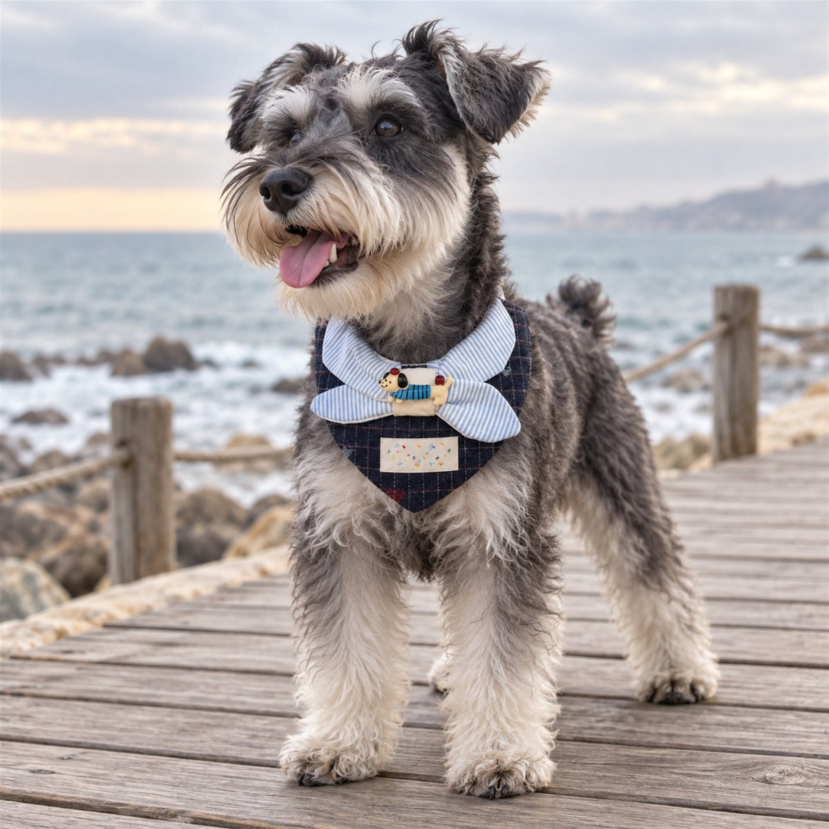 AI-generated preview: schnauzer wearing the Navy Stripe Bow bib on a seaside boardwalk