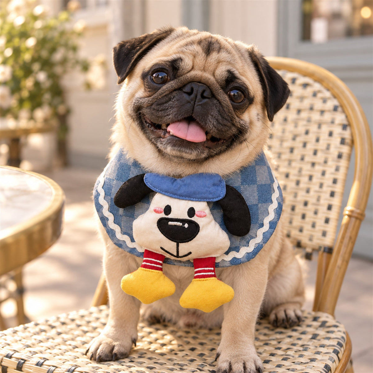 AI-generated preview: pug wearing the Plaid Pup bib at a cafe