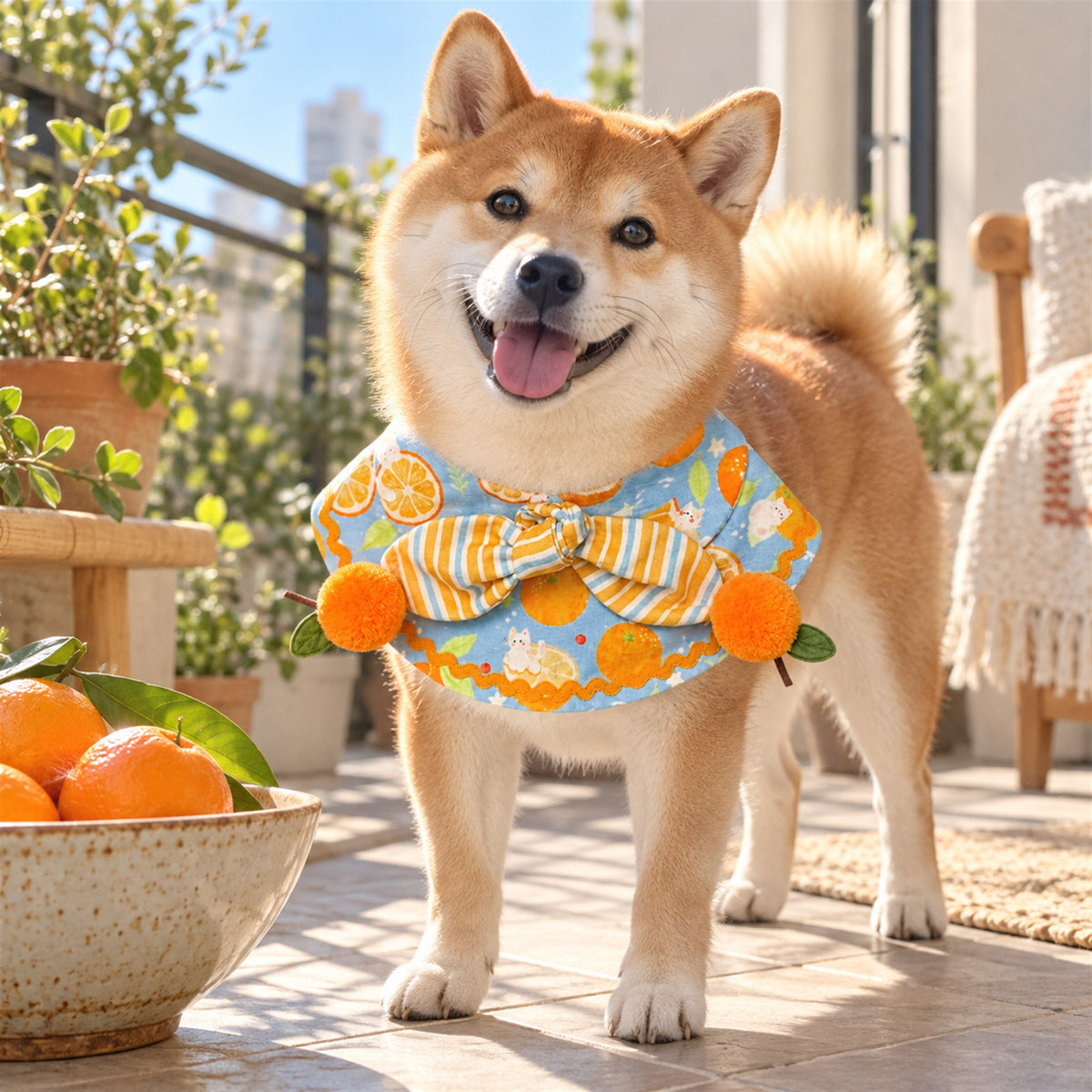 AI-generated preview: Shiba Inu wearing the Lucky Orange bib on a balcony