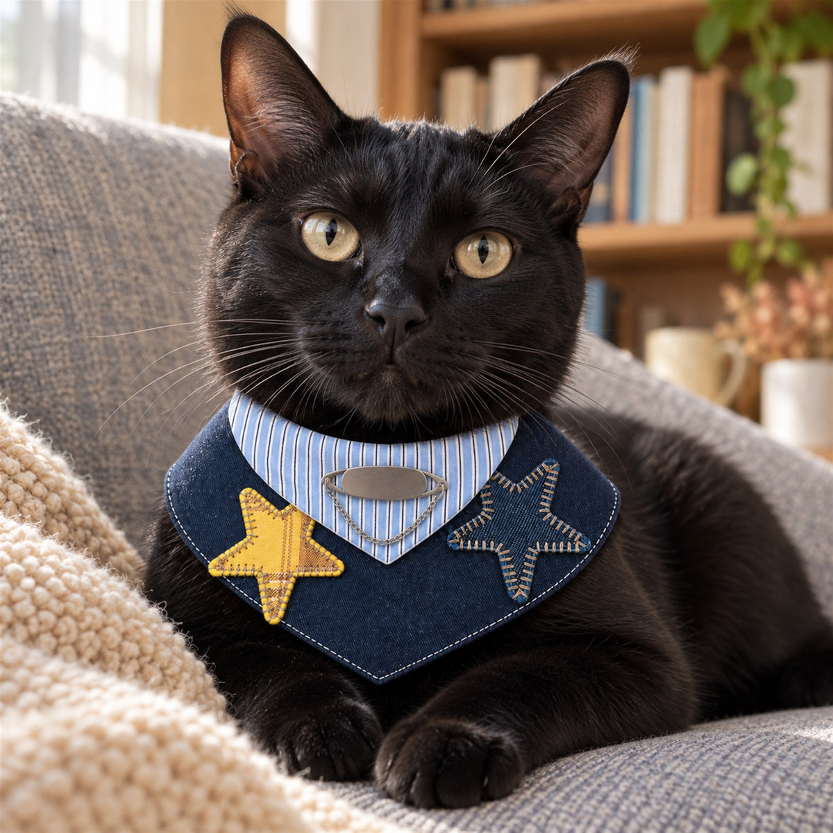 AI-generated preview: black cat wearing the Star Patch bib in an armchair