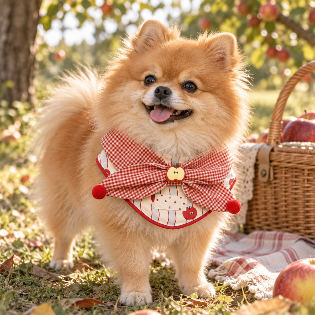 AI-generated preview: Pomeranian wearing the Apple Gingham bib at a picnic