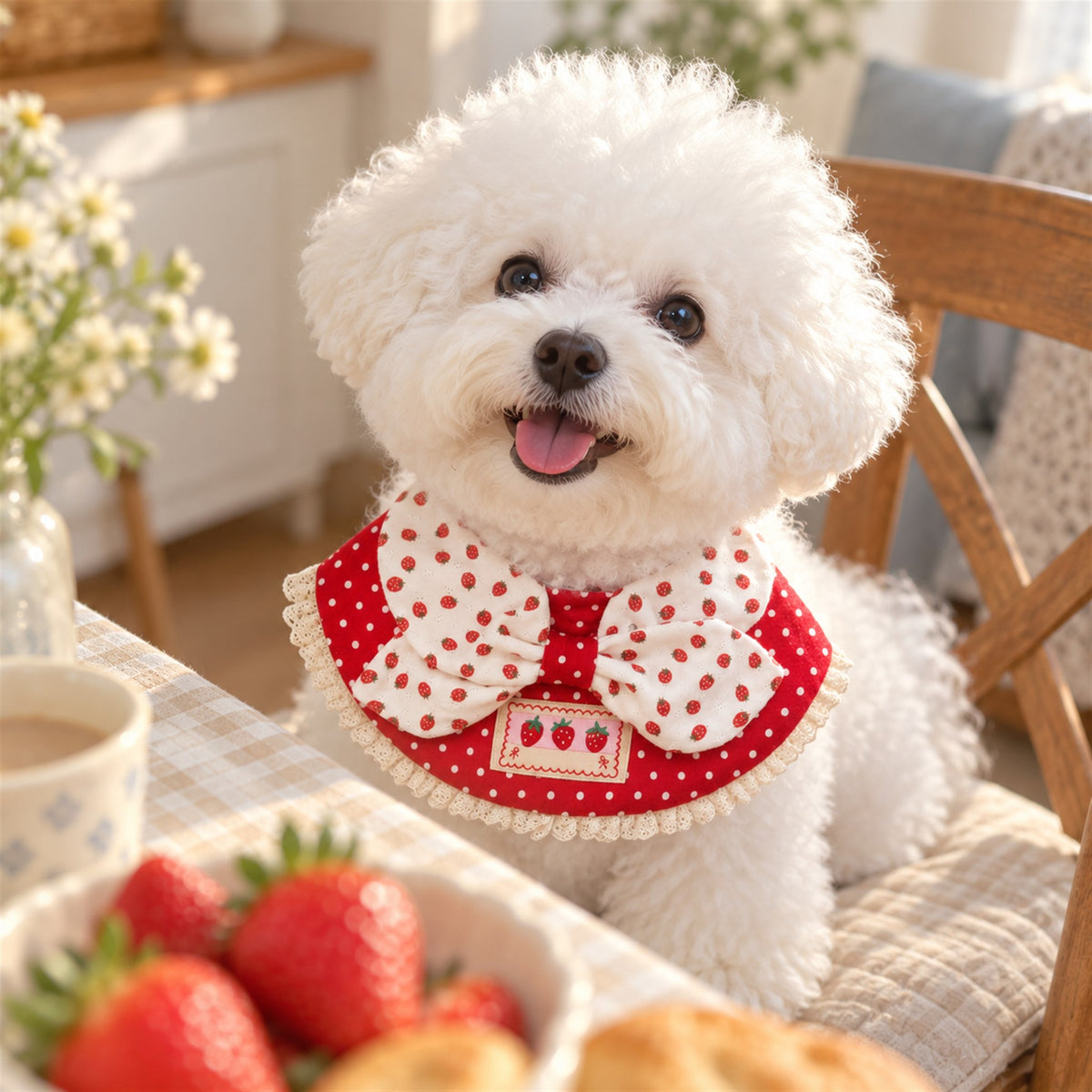 AI-generated preview: Bichon Frise wearing the Strawberry Dot bib at breakfast