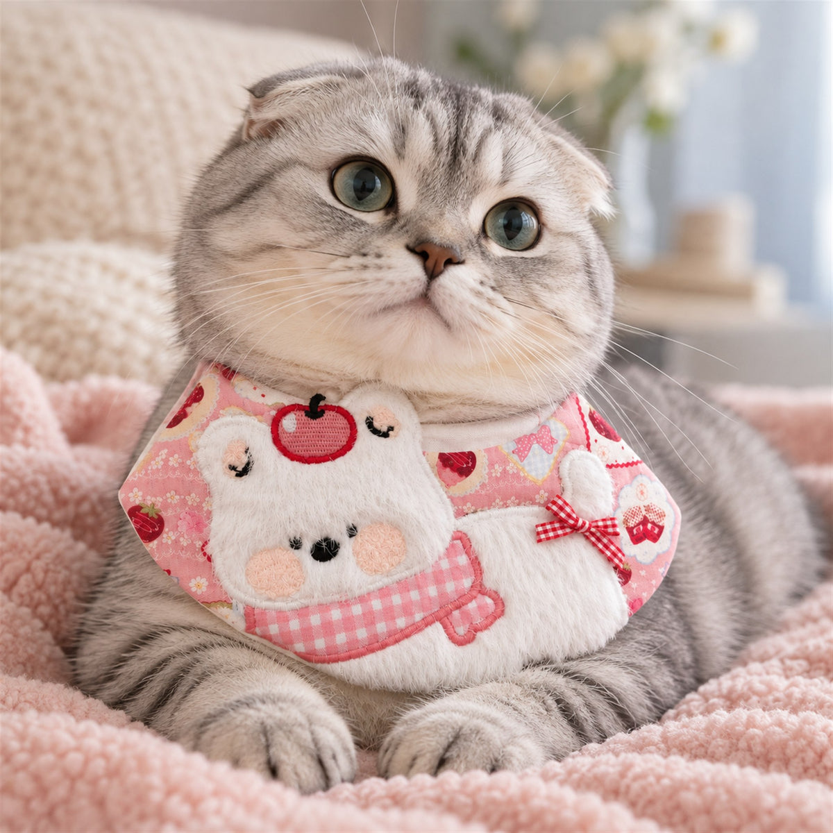 AI-generated preview: Scottish Fold cat wearing the Strawberry Bear bib on a pink blanket