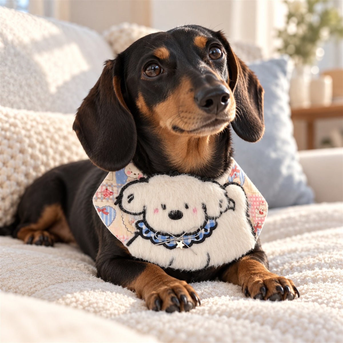 AI-generated preview: dachshund wearing the Doodle Pup bib on a white sofa