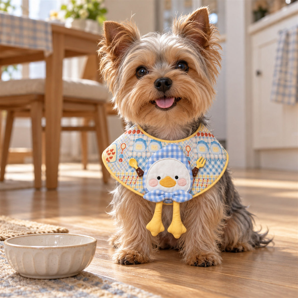 AI-generated preview: Yorkshire terrier wearing the Hungry Duck bib waiting for dinner