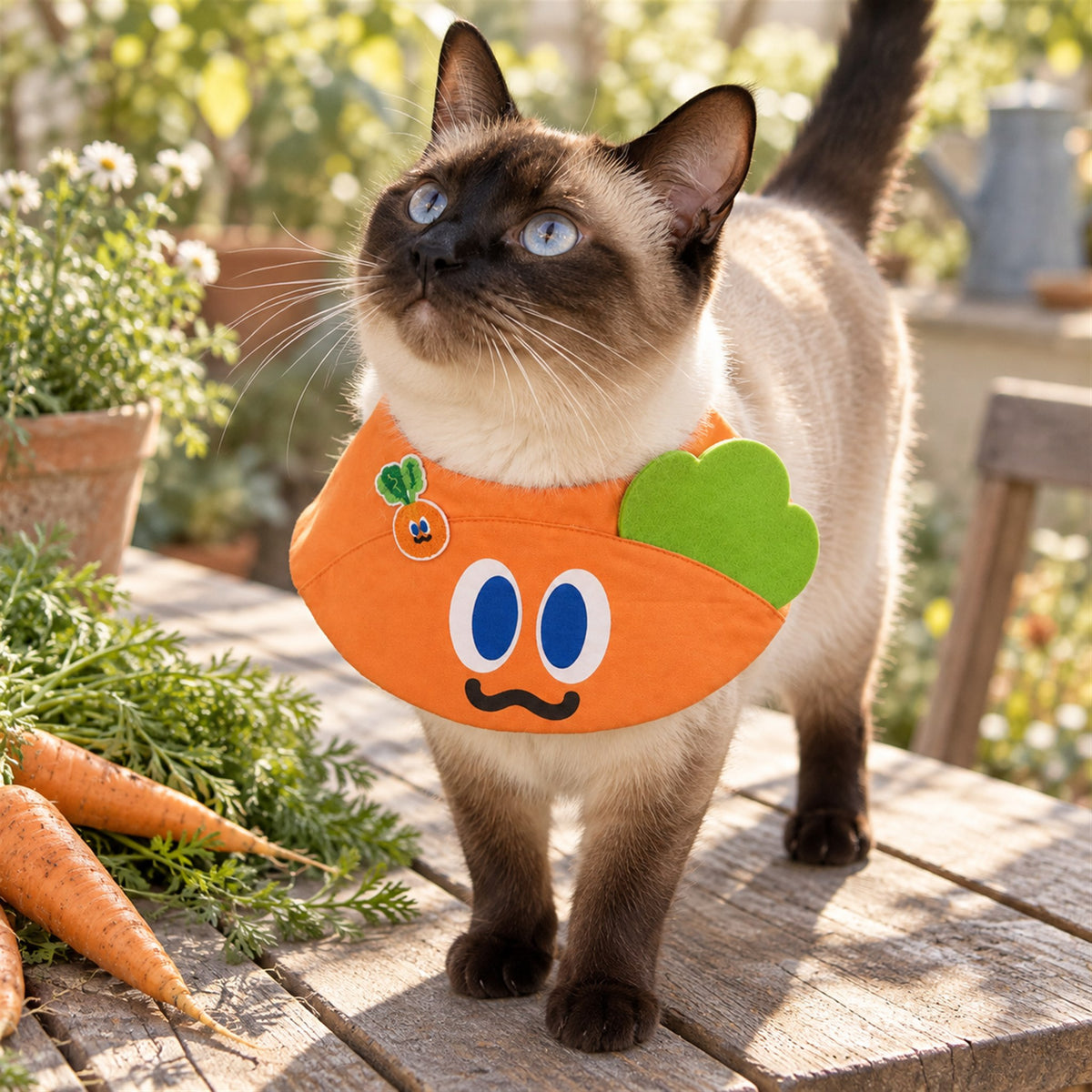AI-generated preview: Siamese cat wearing the Orange Buddy bib in the garden