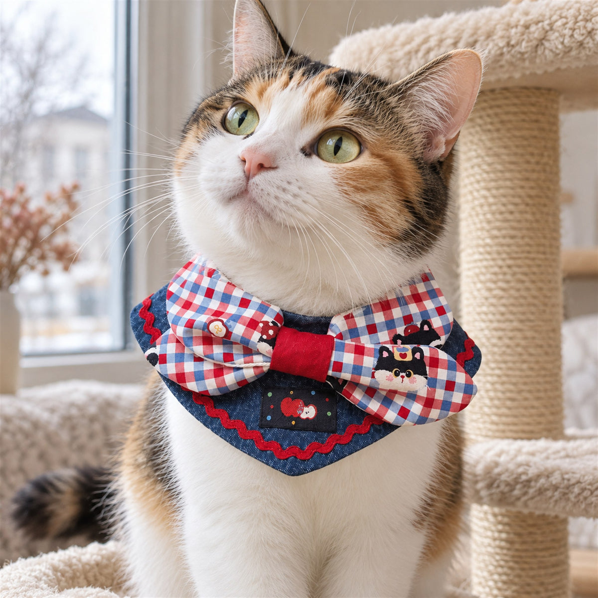 AI-generated preview: calico cat wearing the Apple Cat bib on a cat tree