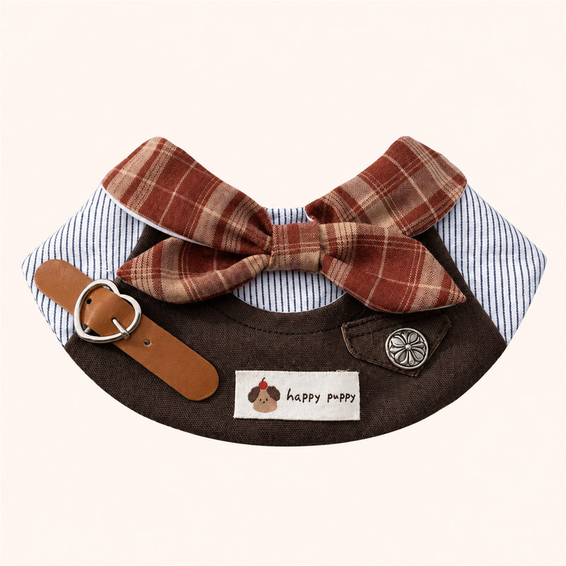 AI-cleaned product photo: Caramel Plaid big bow pet bib, brown plaid bow with a leather-look buckle strap