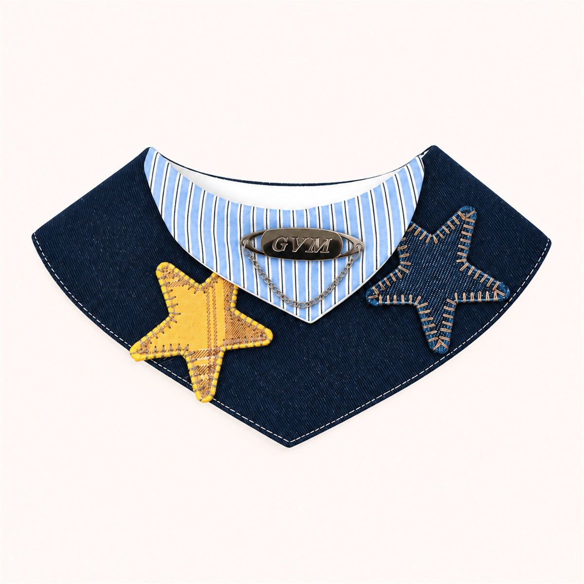 AI-cleaned product photo: Star Patch big bow pet bib, navy denim with star patches
