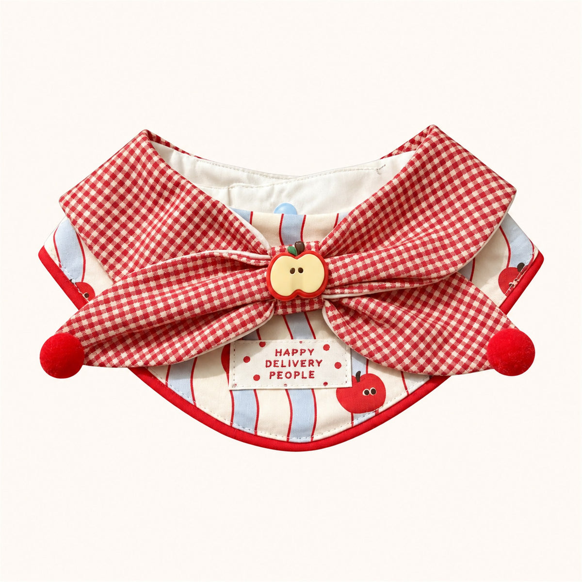 AI-cleaned product photo: Apple Gingham big bow pet bib, red gingham bow with an apple button