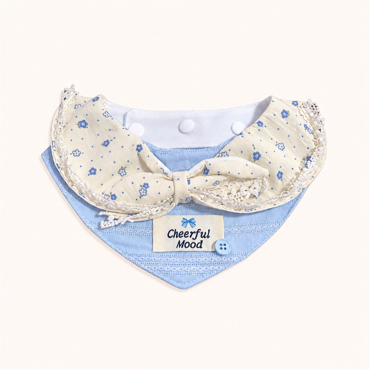 AI-cleaned product photo: Milk Blue Floral big bow pet bib, blue floral bow with lace trim