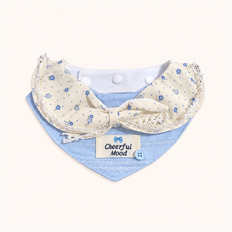 AI-cleaned product photo: Milk Blue Floral big bow pet bib, blue floral bow with lace trim