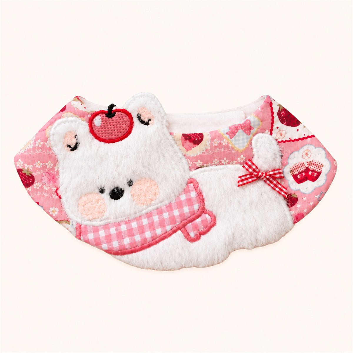 AI-cleaned product photo: Strawberry Bear big bow pet bib, fluffy bear face with pink gingham scarf