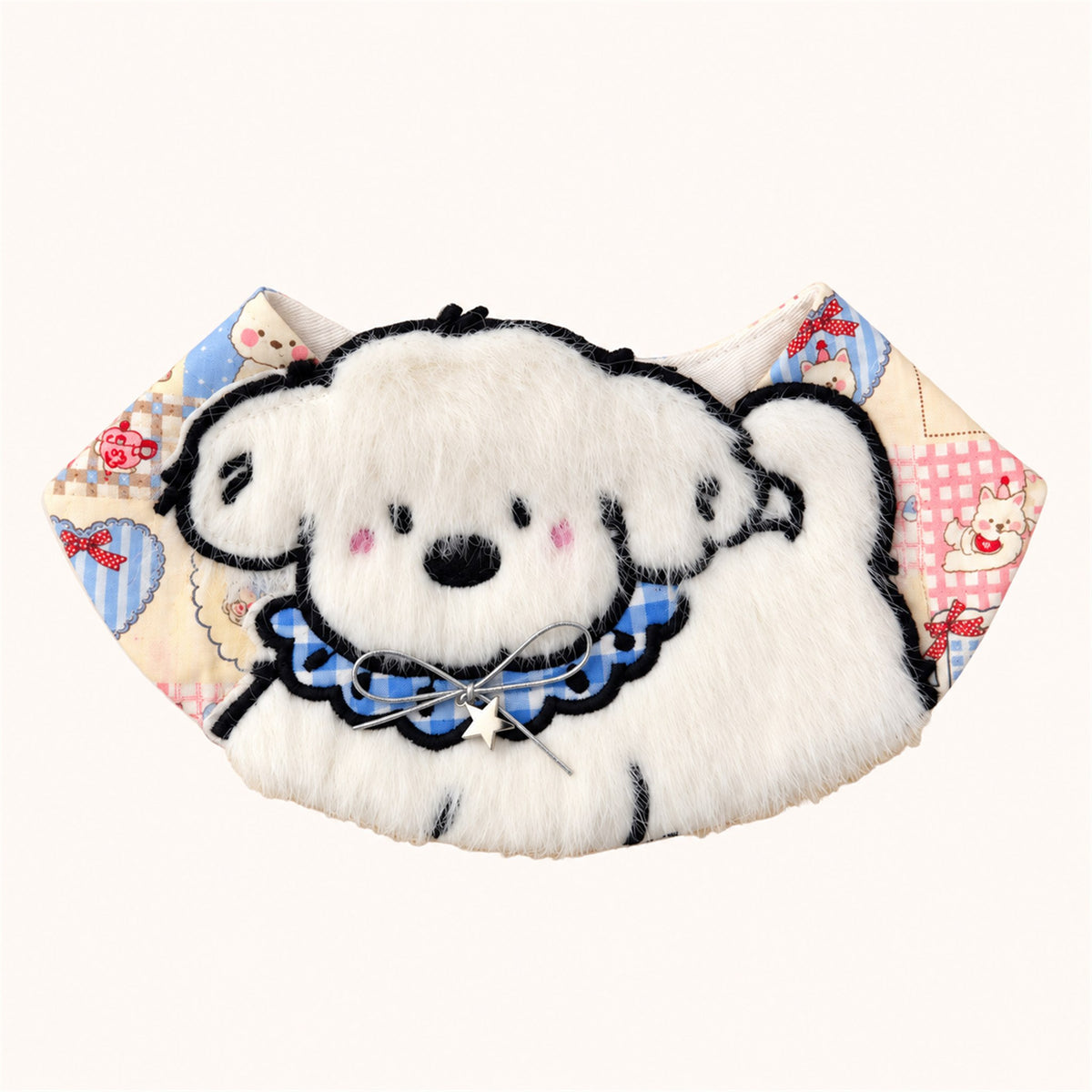 AI-cleaned product photo: Doodle Pup big bow pet bib, fluffy white pup on a doodle print