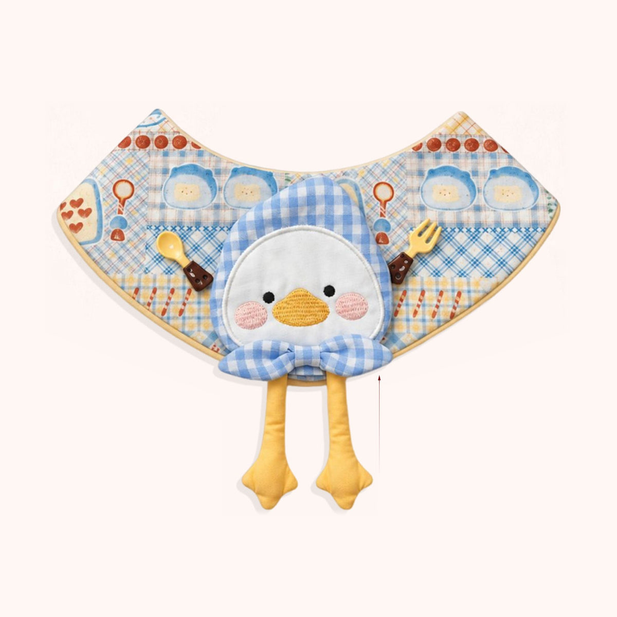AI-cleaned product photo: Hungry Duck pet bib, patchwork print with a duck holding a fork and spoon