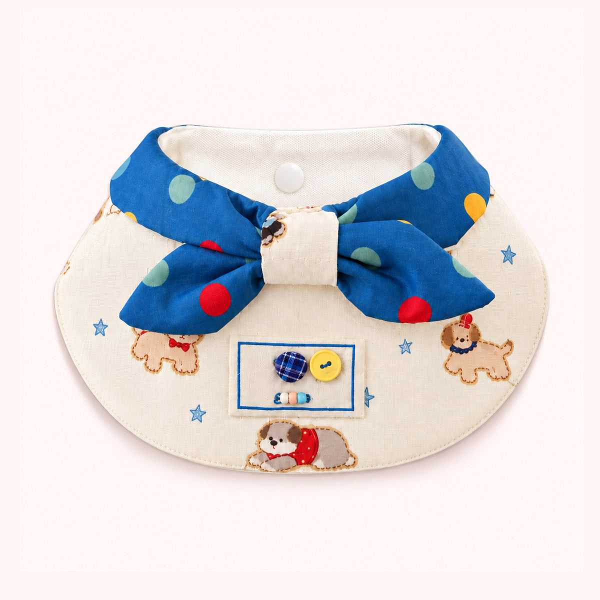 AI-cleaned product photo: Puppy Blue Bow pet bib, puppy print with a blue polka-dot bow