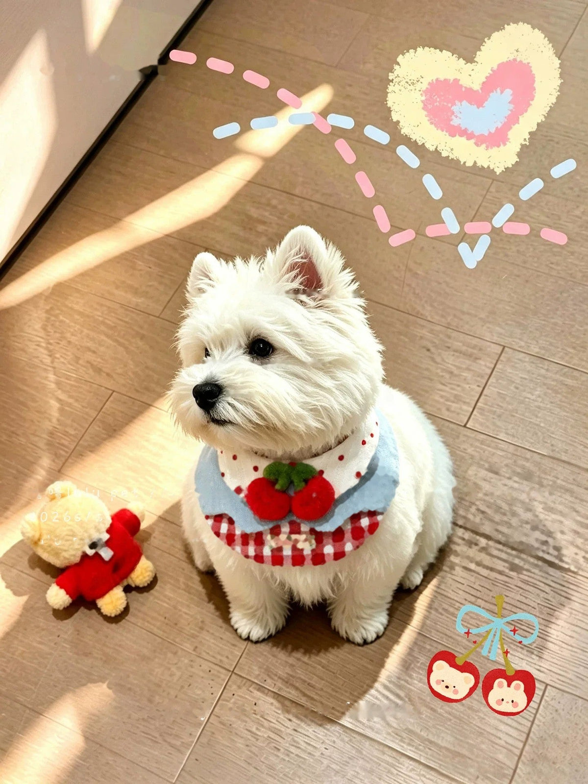 Westie wearing the Cherry Picnic bib, side view