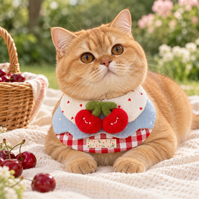 AI-generated preview: an orange British Shorthair wearing the Cherry Picnic bib on a picnic blanket