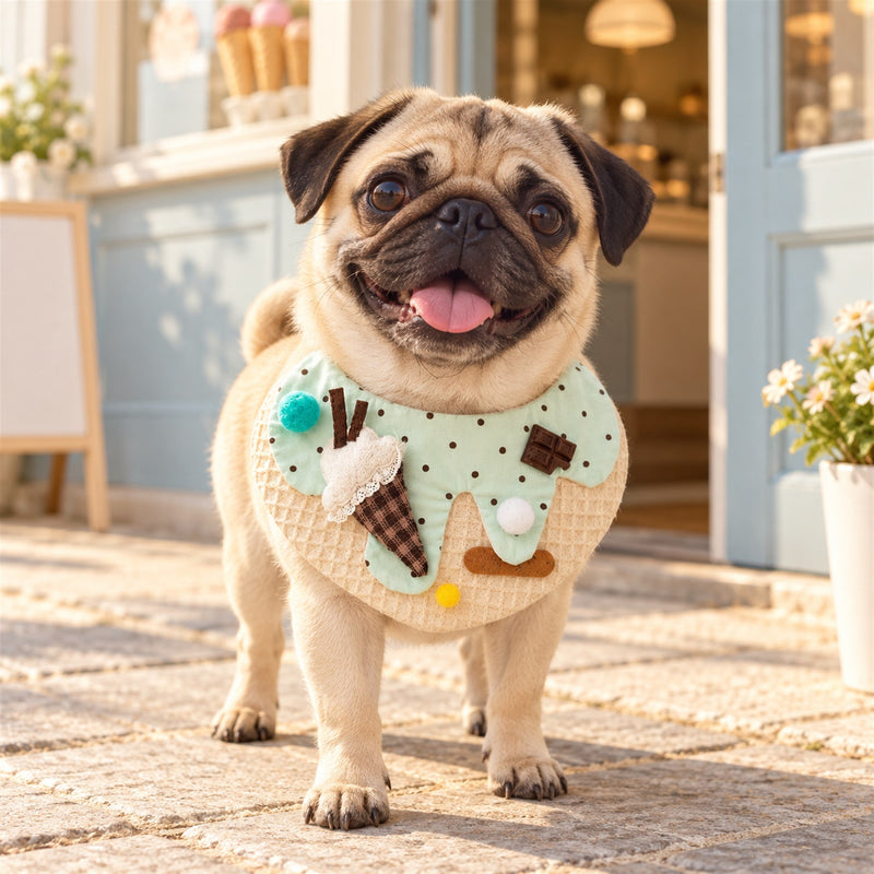 AI-generated preview: a fawn pug wearing the Mint Ice Cream bib outside an ice cream shop