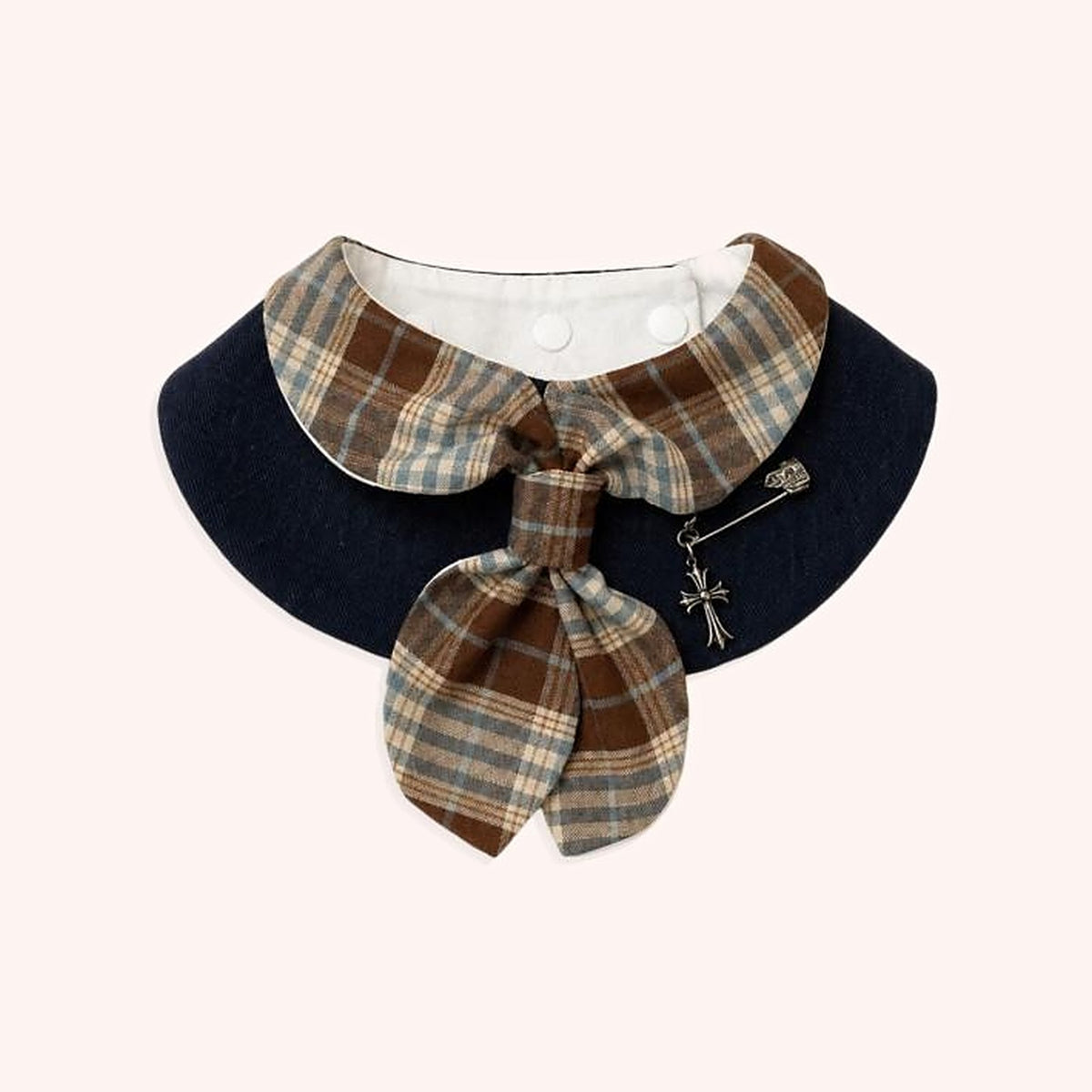 Product photo: Brown Plaid Bow Pet Bib — Navy bib with a brown plaid collar, a plaid bow and a silver-tone pin charm.