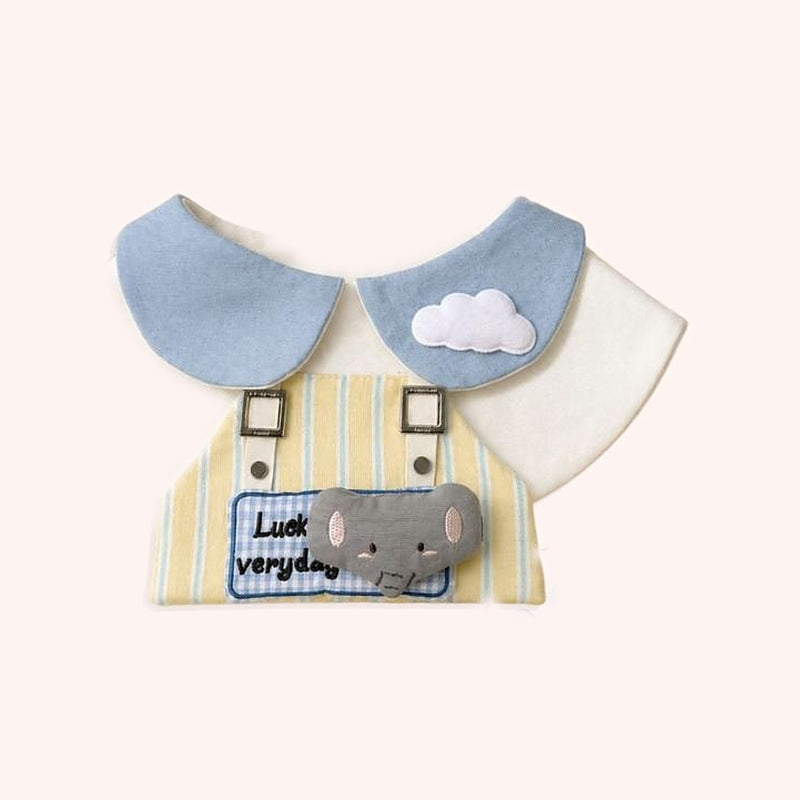 Product photo: Cloud Elephant Pet Bib — White bib with a blue Peter Pan collar, a felt cloud and a plush grey elephant on striped overalls.