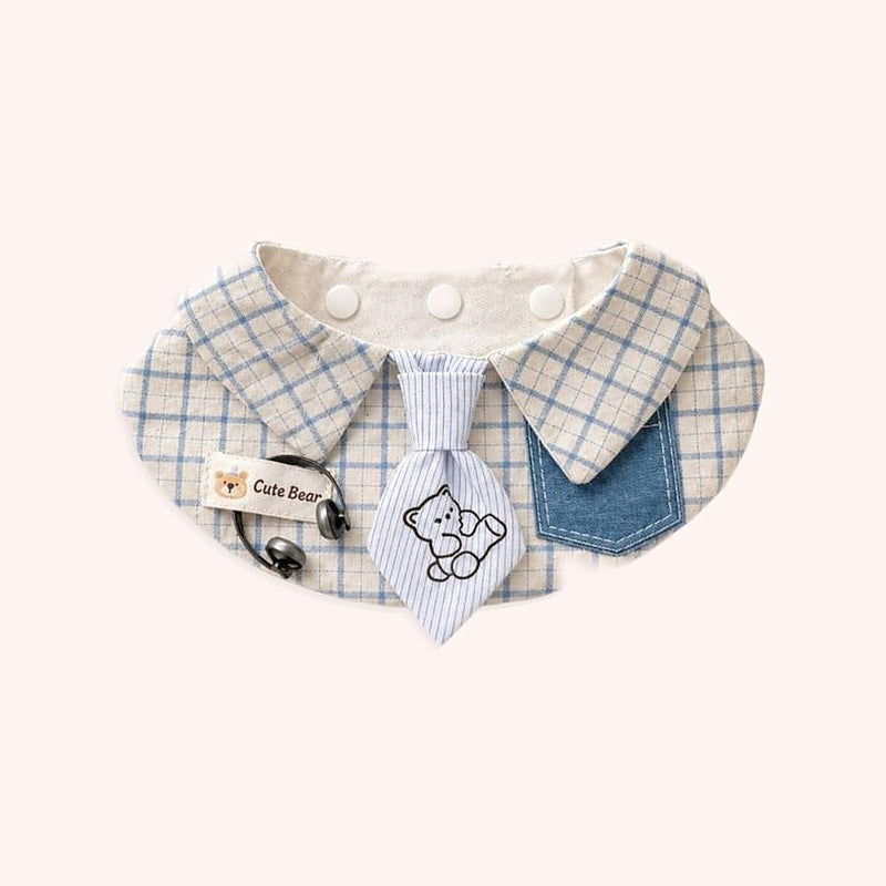 Product photo: Headphones Tie Pet Bib — Blue windowpane shirt collar with a bear tie, a denim pocket and a mini headphones charm.