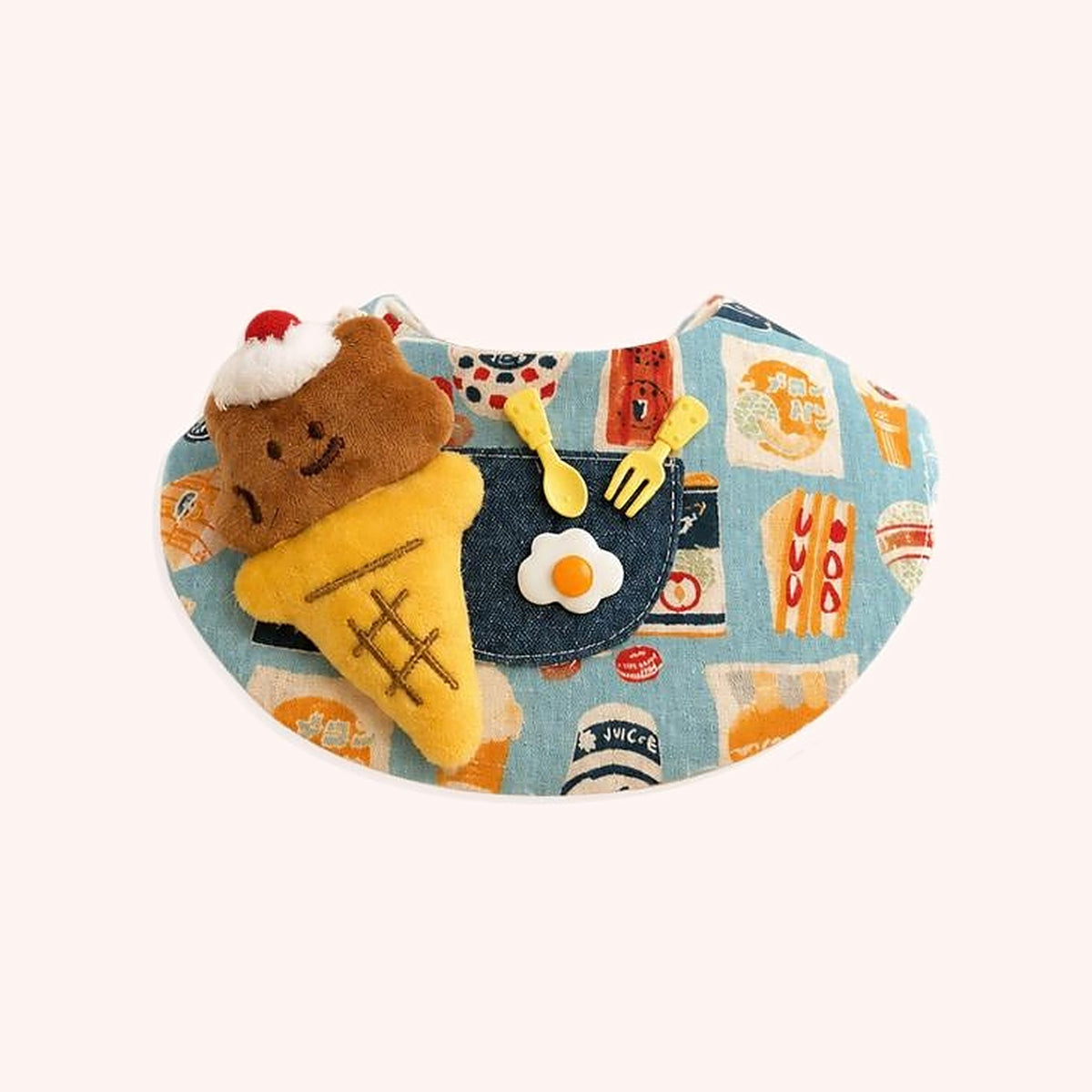 Product photo: Ice Cream Cone Pet Bib — Snack-print bib with a plush ice cream cone, a denim pocket and tiny fork-and-spoon charms.