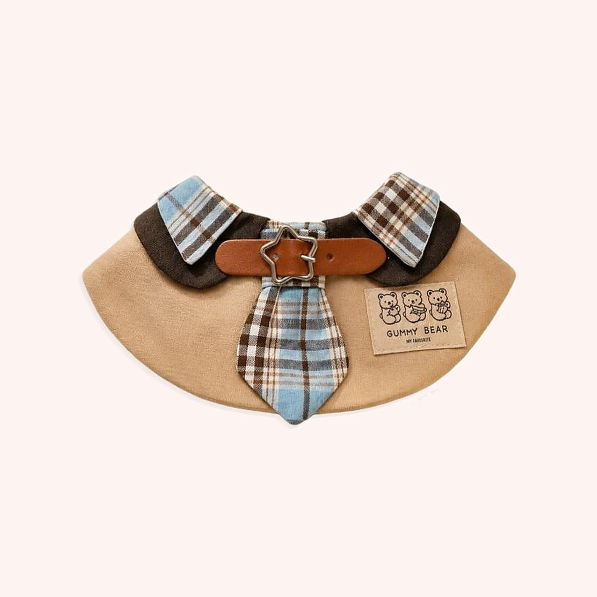 Product photo: Khaki Tie Pet Bib — Khaki bib with a plaid collar and tie, a star-buckle strap and a gummy-bear patch.