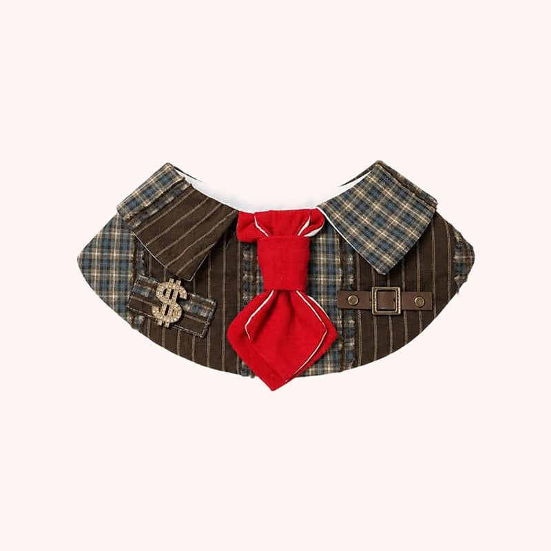Product photo: Old Money Tie Pet Bib — Brown plaid-and-pinstripe collar with a red tie, a buckle strap and a sparkly dollar pin.