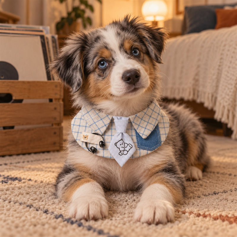 AI-generated preview: Headphones Tie Pet Bib on an Australian shepherd puppy