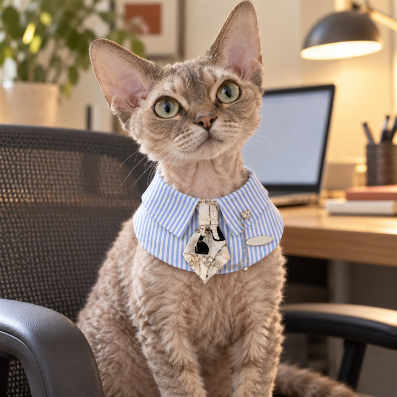 AI-generated preview: Shirt & Tie Pet Bib on a Devon Rex cat