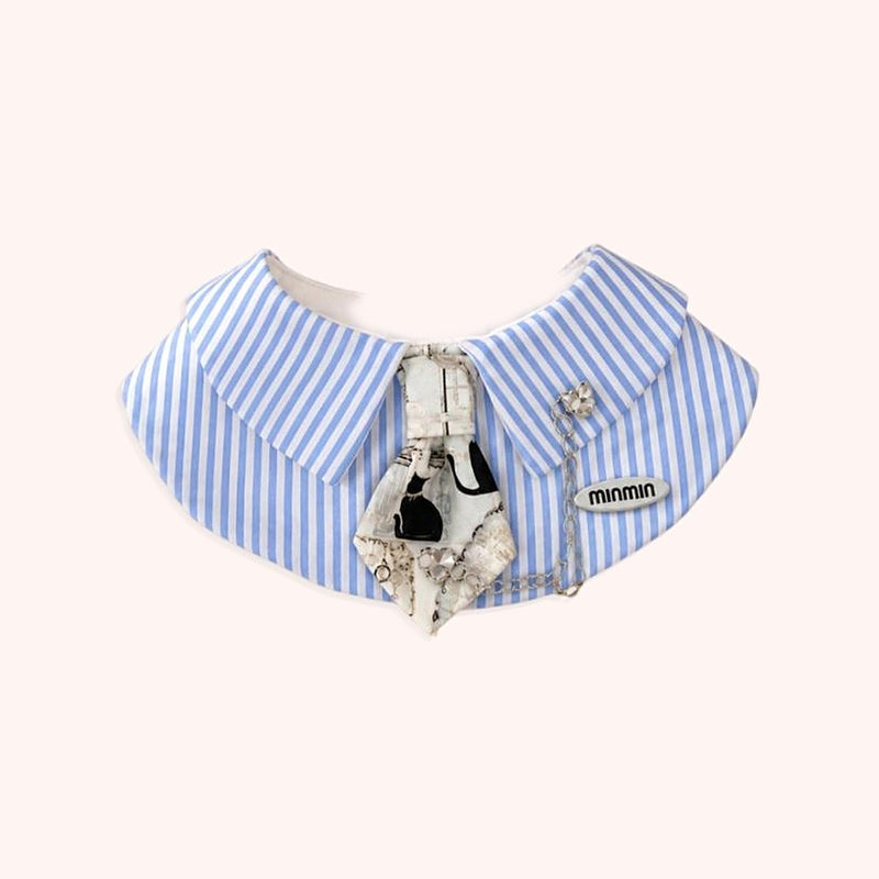 Product photo: Shirt & Tie Pet Bib — Blue-striped shirt collar with a kitty-print tie and a little heart chain charm.