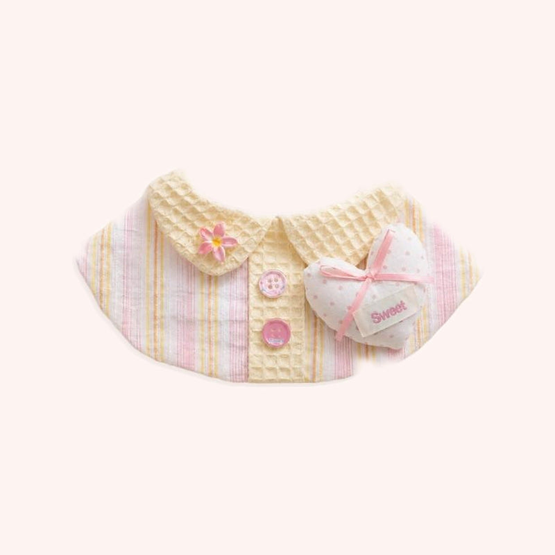 Product photo: Sweetheart Waffle Pet Bib — Pastel striped bib with a waffle-knit placket, a flower button and a plush “Sweet” heart.