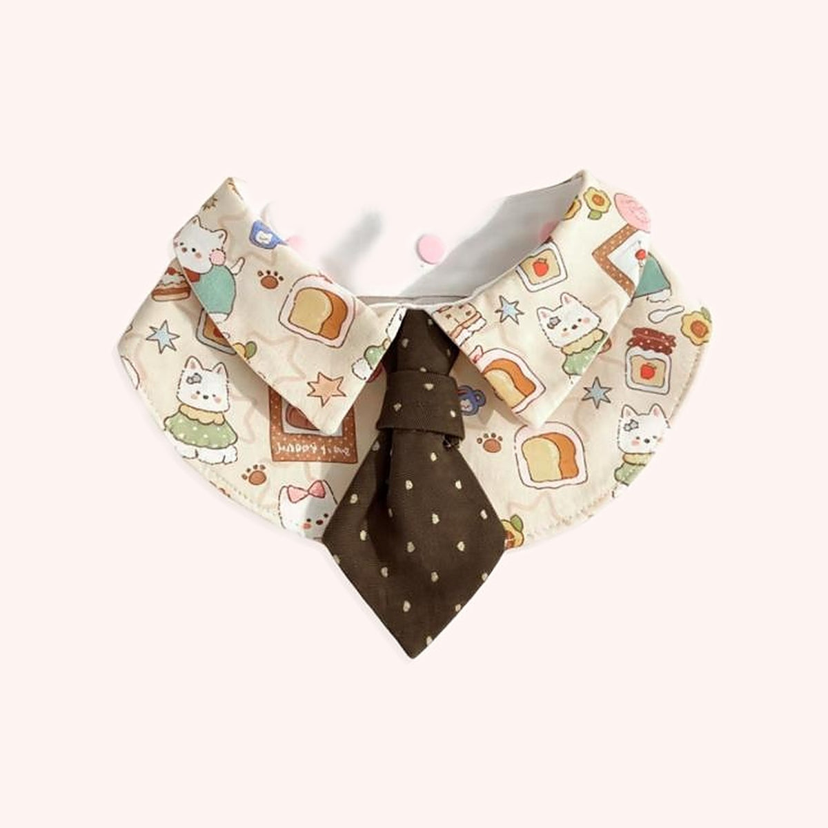 Product photo: Toast Pup Pet Bib — Toast-and-puppy print shirt collar with a chocolate polka-dot tie.