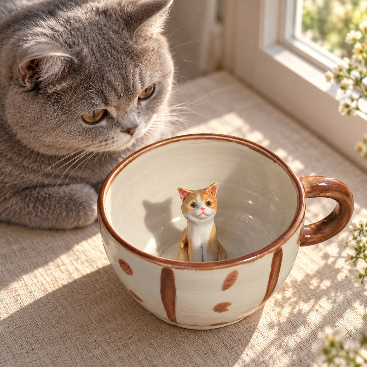 AI-generated preview: a grey cat looking into a custom mug with a sculpted orange tabby
