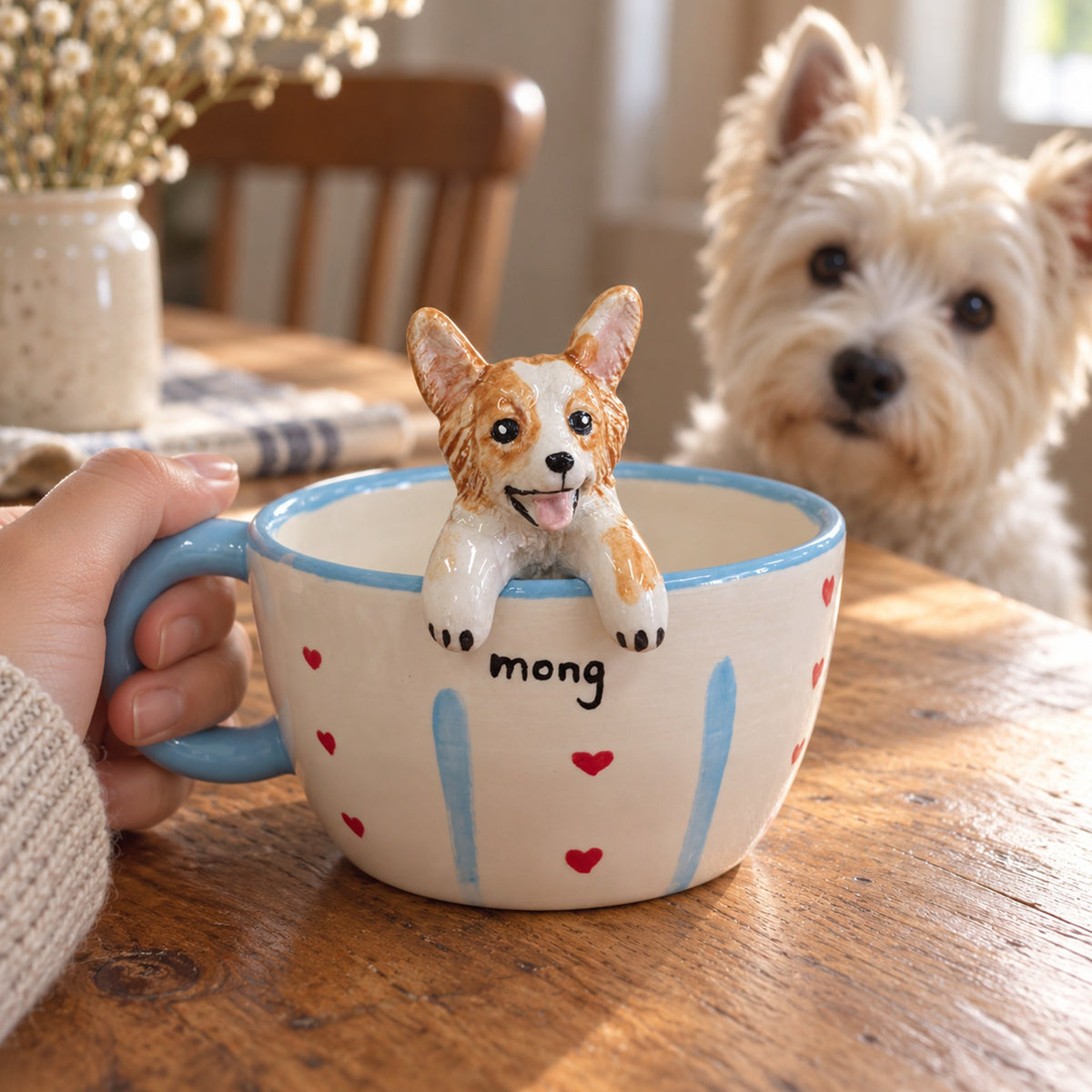 AI-generated preview: a custom corgi mug on a breakfast table with a Westie nearby