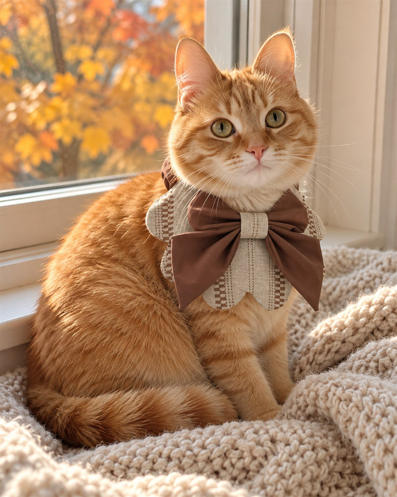 AI-generated preview: an orange tabby cat wearing the Autumn Woods petal bib by a window