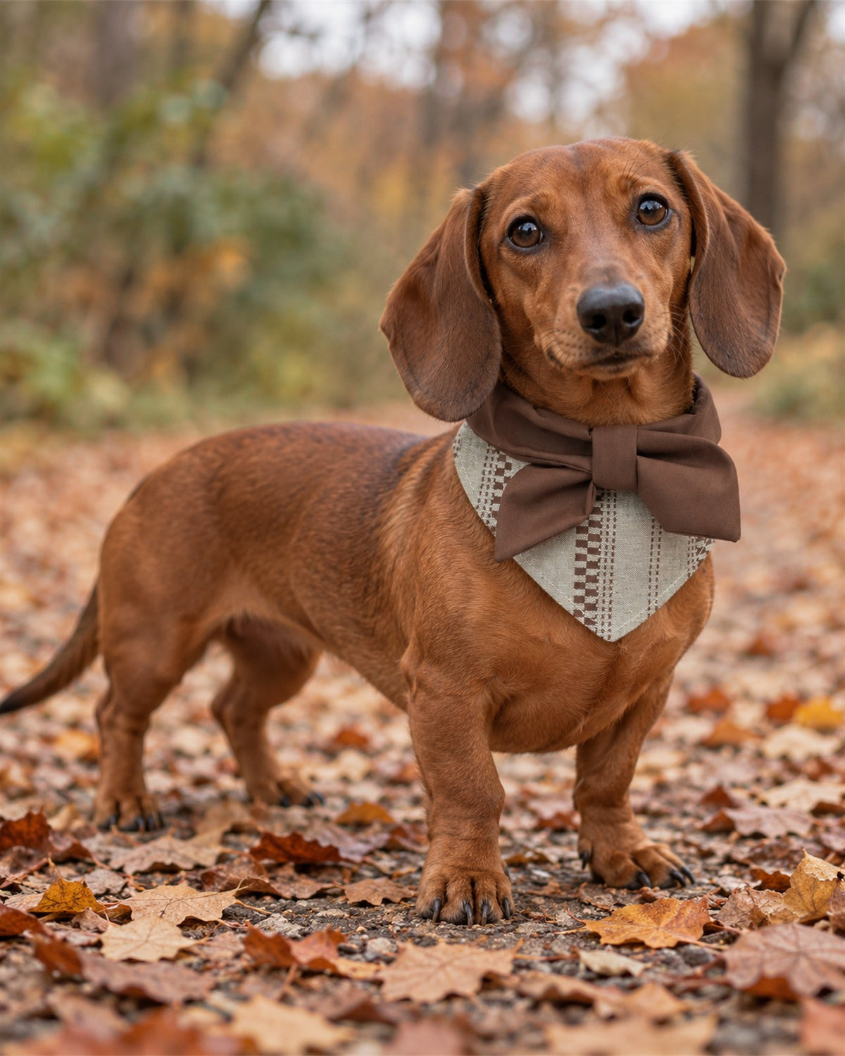 AI-generated preview: a dachshund wearing the Autumn Woods sailor collar among fallen leaves