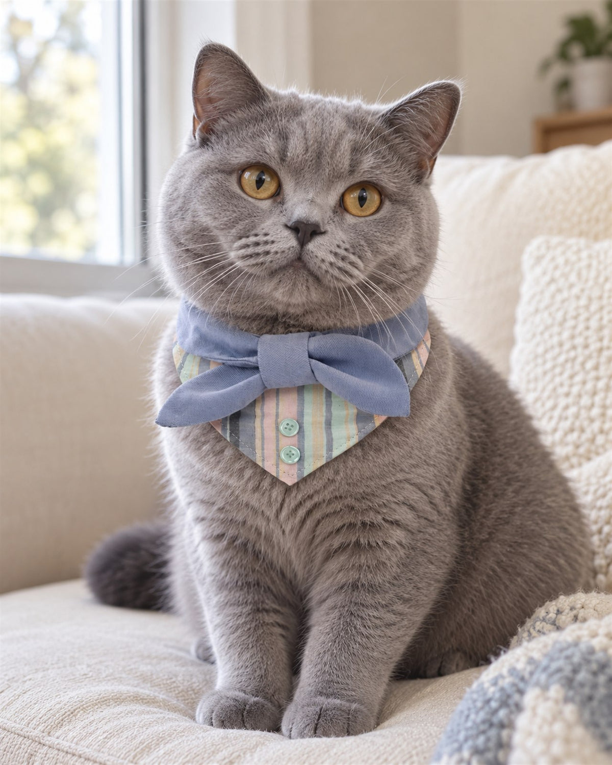 AI-generated preview: a grey British Shorthair cat wearing the Seaside Blue bow bib