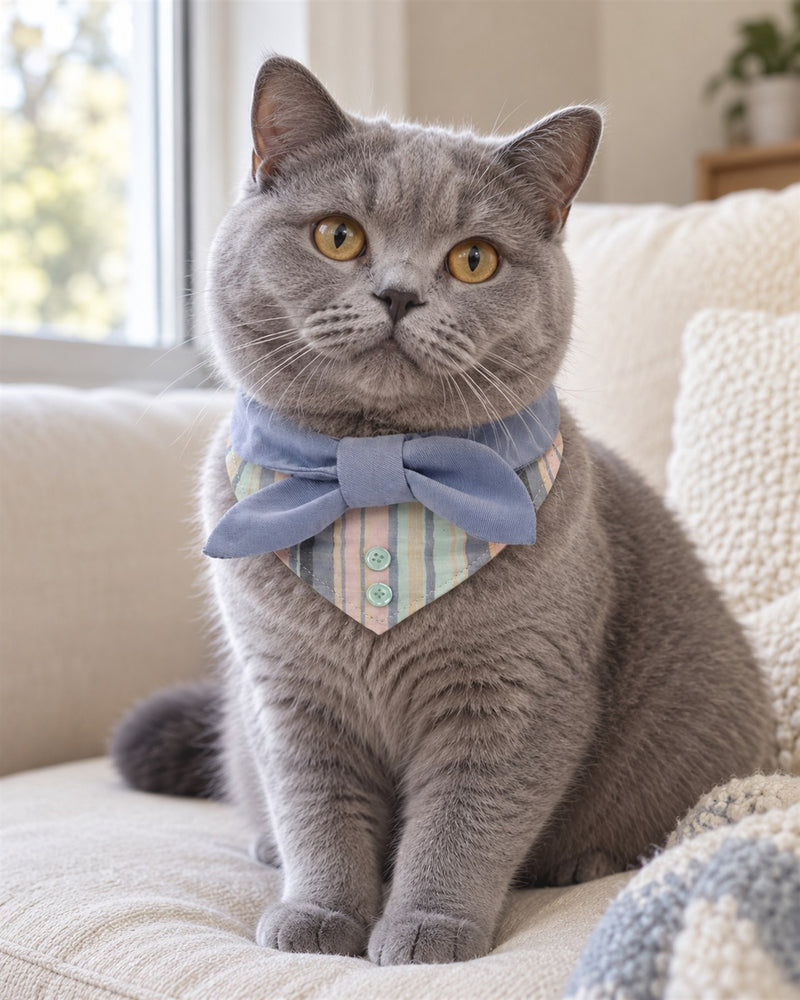 AI-generated preview: a grey British Shorthair cat wearing the Seaside Blue bow bib